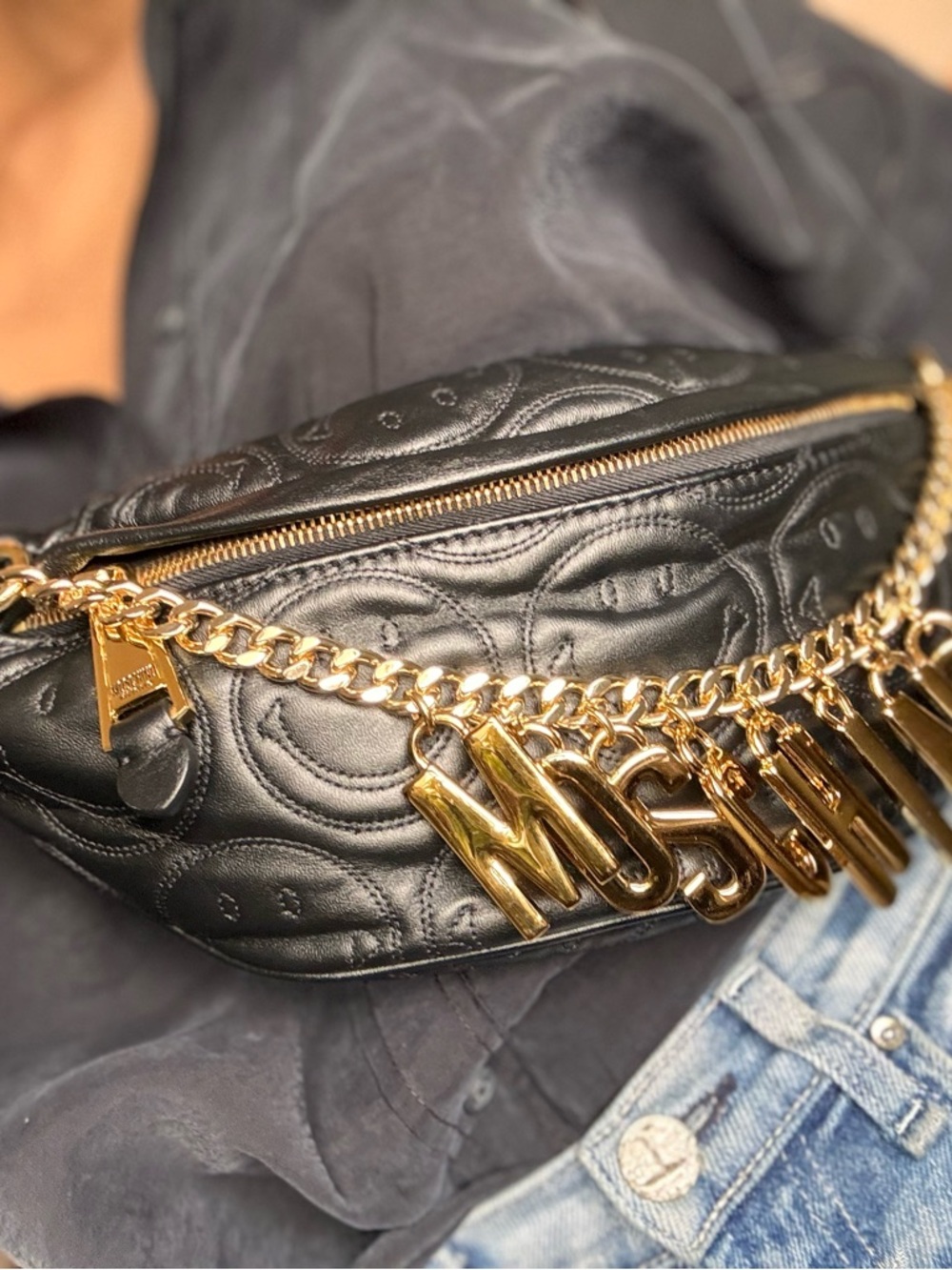 Moschino Black Quilted Leather Crossbody with Gold Logo Chain - Picture 10 of 15